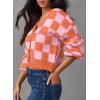 image:imageDokotoo Womens Checkered V Neck Button Down Long Sleeve Cable Knit Cropped Cardigan Sweaters TopsOrange