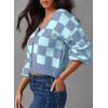 image:imageDokotoo Womens Checkered V Neck Button Down Long Sleeve Cable Knit Cropped Cardigan Sweaters TopsSky Blue