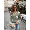 image:imageDokotoo Womens Fall Sweaters 2025 Long Sleeve V Neck Casual Tops Ribbed Knit Comfy Fuzzy Pullover Floral SweaterGreen
