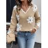 image:imageDokotoo Womens Fall Sweaters 2025 Long Sleeve V Neck Casual Tops Ribbed Knit Comfy Fuzzy Pullover Floral SweaterKhaki
