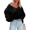image:imageDokotoo Womens Fall Sweaters V Neck Crochet Hollow Out 2025 Trendy Casual Winter Pullover SweatersBlack