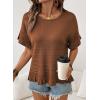 image:imageDokotoo Womens Short Sleeve Sweaters Tops Oversized Summer Casual Ruffled Hem Knit Pullover Cute Solid Color Crochet BlousesBrown