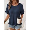 image:imageDokotoo Womens Short Sleeve Sweaters Tops Oversized Summer Casual Ruffled Hem Knit Pullover Cute Solid Color Crochet BlousesDark Blue