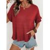image:imageDokotoo Womens Short Sleeve Sweaters Tops Oversized Summer Casual Ruffled Hem Knit Pullover Cute Solid Color Crochet BlousesDark Red