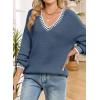 image:imageDokotoo Womens Sweaters Casual V Neck Long Sleeve Contrast Knit Pullover Sweater Solid Fall Outfits TopsBlue