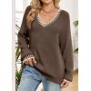 image:imageDokotoo Womens Sweaters Casual V Neck Long Sleeve Contrast Knit Pullover Sweater Solid Fall Outfits TopsCoffee