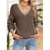 image:imageDokotoo Womens Sweaters Casual V Neck Long Sleeve Contrast Knit Pullover Sweater Solid Fall Outfits TopsCoffee