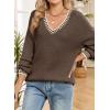 image:imageDokotoo Womens Sweaters Casual V Neck Long Sleeve Contrast Knit Pullover Sweater Solid Fall Outfits TopsCoffee