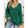 image:imageDokotoo Womens Sweaters Casual V Neck Long Sleeve Contrast Knit Pullover Sweater Solid Fall Outfits TopsDark Green