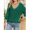 image:imageDokotoo Womens Sweaters Casual V Neck Long Sleeve Contrast Knit Pullover Sweater Solid Fall Outfits TopsDark Green