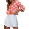 image:imageDokotoo Womens Checkered V Neck Button Down Long Sleeve Cable Knit Cropped Cardigan Sweaters TopsOrange