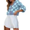 image:imageDokotoo Womens Checkered V Neck Button Down Long Sleeve Cable Knit Cropped Cardigan Sweaters TopsSky Blue