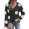 image:imageDokotoo Womens Fall Sweaters 2025 Long Sleeve V Neck Casual Tops Ribbed Knit Comfy Fuzzy Pullover Floral SweaterBlack