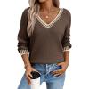 image:imageDokotoo Womens Sweaters Casual V Neck Long Sleeve Contrast Knit Pullover Sweater Solid Fall Outfits TopsCoffee