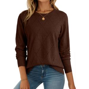 image:imageDokotoo Sweaters for Women Long Sleeve Wool Blend Crewneck Diamond Hollow Out Lightweight Soft Fall Pullover Sweater TopsBrown