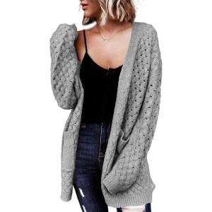 image:imageDokotoo Womens 2026 Fashion Casual Open Front Long Sleeve Chunky Cable Knit Cardigans Sweaters Outerwear Coats with PocketsGray