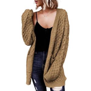 image:imageDokotoo Womens 2026 Fashion Casual Open Front Long Sleeve Chunky Cable Knit Cardigans Sweaters Outerwear Coats with PocketsKhaki