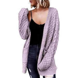 image:imageDokotoo Womens 2026 Fashion Casual Open Front Long Sleeve Chunky Cable Knit Cardigans Sweaters Outerwear Coats with PocketsPurple
