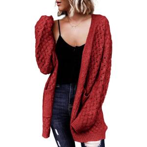 image:imageDokotoo Womens 2026 Fashion Casual Open Front Long Sleeve Chunky Cable Knit Cardigans Sweaters Outerwear Coats with PocketsRed