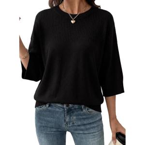 image:imageDokotoo Womens 34 Sleeve Sweater Summer Cropped Sweaters Crewneck Lightweight Knit Tops Spring Business Casual Plus Size Womens Clothing Black Sweater 2026 Fashion