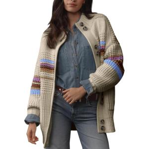 image:imageDokotoo Womens Cardigan Sweaters Long Sleeve Casual Striped Color Block Cable Knit Fall Outfits with PocketsBeige