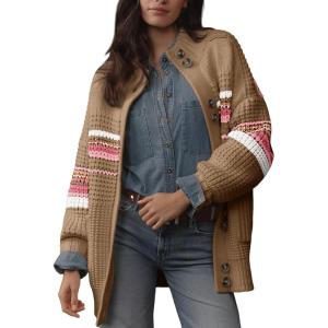 image:imageDokotoo Womens Cardigan Sweaters Long Sleeve Casual Striped Color Block Cable Knit Fall Outfits with PocketsChocolate Brown