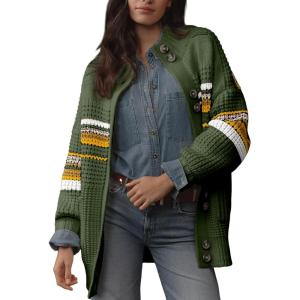 image:imageDokotoo Womens Cardigan Sweaters Long Sleeve Casual Striped Color Block Cable Knit Fall Outfits with PocketsGreen
