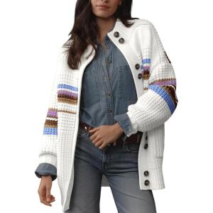 image:imageDokotoo Womens Cardigan Sweaters Long Sleeve Casual Striped Color Block Cable Knit Fall Outfits with PocketsWhite
