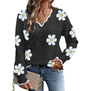 image:imageDokotoo Womens Fall Sweaters 2025 Long Sleeve V Neck Casual Tops Ribbed Knit Comfy Fuzzy Pullover Floral SweaterBlack