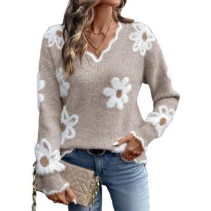image:imageDokotoo Womens Fall Sweaters 2025 Long Sleeve V Neck Casual Tops Ribbed Knit Comfy Fuzzy Pullover Floral SweaterGray