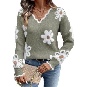 image:imageDokotoo Womens Fall Sweaters 2025 Long Sleeve V Neck Casual Tops Ribbed Knit Comfy Fuzzy Pullover Floral SweaterGreen