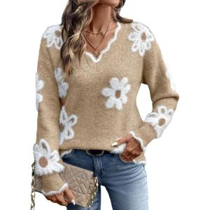 image:imageDokotoo Womens Fall Sweaters 2025 Long Sleeve V Neck Casual Tops Ribbed Knit Comfy Fuzzy Pullover Floral SweaterKhaki