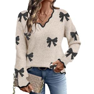 image:imageDokotoo Womens Fall Sweaters 2025 Long Sleeve V Neck Casual Tops Ribbed Knit Comfy Fuzzy Pullover Floral SweaterWhite