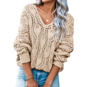 image:imageDokotoo Womens Fall Sweaters V Neck Crochet Hollow Out 2025 Trendy Casual Winter Pullover SweatersApricot