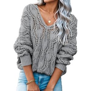 image:imageDokotoo Womens Fall Sweaters V Neck Crochet Hollow Out 2025 Trendy Casual Winter Pullover SweatersGray