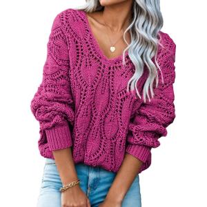 image:imageDokotoo Womens Fall Sweaters V Neck Crochet Hollow Out 2025 Trendy Casual Winter Pullover SweatersRose Red