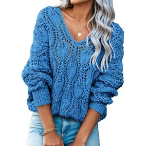 image:imageDokotoo Womens Fall Sweaters V Neck Crochet Hollow Out 2025 Trendy Casual Winter Pullover SweatersSky Blue