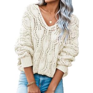 image:imageDokotoo Womens Fall Sweaters V Neck Crochet Hollow Out 2025 Trendy Casual Winter Pullover SweatersWhite