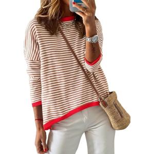 image:imageDokotoo Womens Long Sleeve Sweaters Casual Crewneck Fashion Spring Striped Color Block Shirts High Low Pullover Sweater TopsA Brown