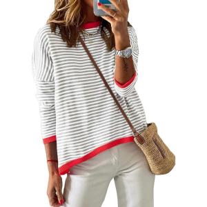 image:imageDokotoo Womens Long Sleeve Sweaters Casual Crewneck Fashion Spring Striped Color Block Shirts High Low Pullover Sweater TopsA Grey 1