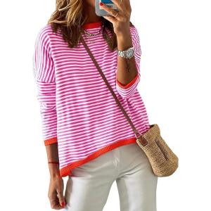 image:imageDokotoo Womens Long Sleeve Sweaters Casual Crewneck Fashion Spring Striped Color Block Shirts High Low Pullover Sweater TopsA Pink 1