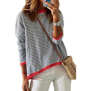 image:imageDokotoo Womens Long Sleeve Sweaters Casual Crewneck Fashion Spring Striped Color Block Shirts High Low Pullover Sweater TopsAa Dark Blue