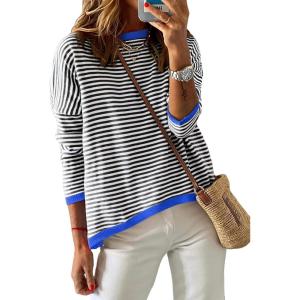 image:imageDokotoo Womens Long Sleeve Sweaters Casual Crewneck Fashion Spring Striped Color Block Shirts High Low Pullover Sweater TopsB Black