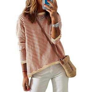 image:imageDokotoo Womens Long Sleeve Sweaters Casual Crewneck Fashion Spring Striped Color Block Shirts High Low Pullover Sweater TopsB Brown