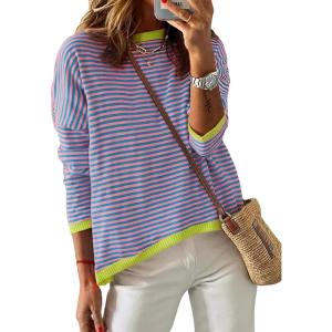 image:imageDokotoo Womens Long Sleeve Sweaters Casual Crewneck Fashion Spring Striped Color Block Shirts High Low Pullover Sweater TopsB Green