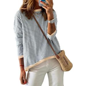 image:imageDokotoo Womens Long Sleeve Sweaters Casual Crewneck Fashion Spring Striped Color Block Shirts High Low Pullover Sweater TopsB Grey 2
