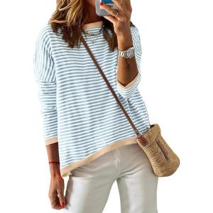 image:imageDokotoo Womens Long Sleeve Sweaters Casual Crewneck Fashion Spring Striped Color Block Shirts High Low Pullover Sweater TopsB Teal