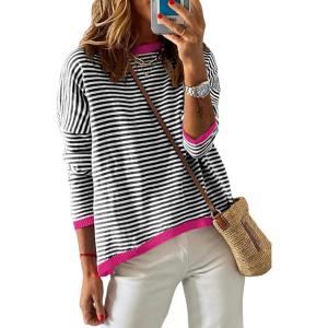 image:imageDokotoo Womens Long Sleeve Sweaters Casual Crewneck Fashion Spring Striped Color Block Shirts High Low Pullover Sweater TopsD Black