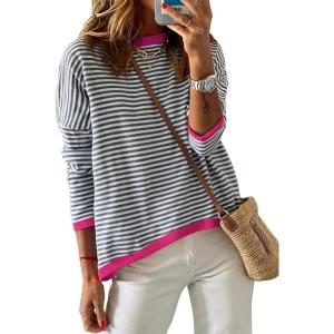 image:imageDokotoo Womens Long Sleeve Sweaters Casual Crewneck Fashion Spring Striped Color Block Shirts High Low Pullover Sweater TopsD Blue