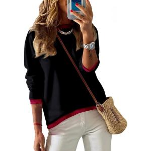 image:imageDokotoo Womens Long Sleeve Sweaters Casual Crewneck Fashion Spring Striped Color Block Shirts High Low Pullover Sweater TopsF Black